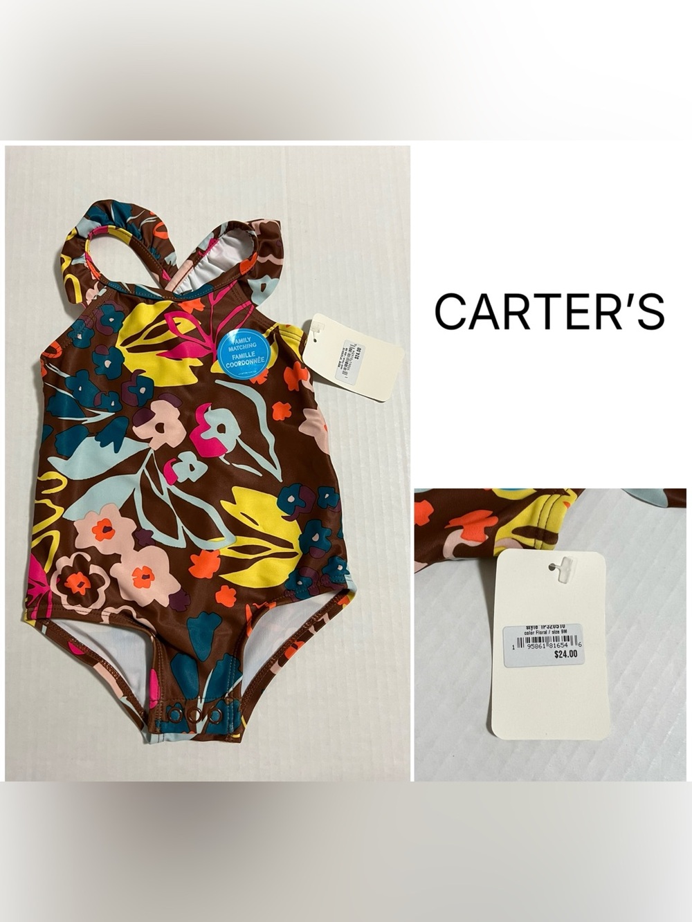 CARTER’S - 9M - NWT - INFANT GIRLS - UPF 50+ BROWN FLORAL SWIMSUIT / SWIMWEAR